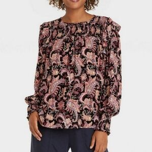 Knox Rose Top L Black Paisley Smocked Long Sleeve Boho Peasant, Ruffles.